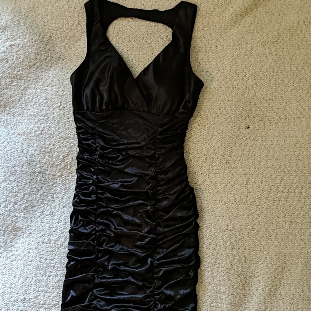 Black stretch satin rouched dress